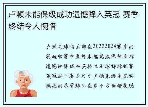 卢顿未能保级成功遗憾降入英冠 赛季终结令人惋惜